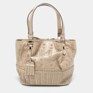 Pre Owned Tod's Metallic Beige Leather Small Studded Flower Tote