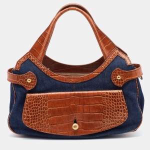 Tod's Blue/Brown Denim and Croc Embossed Leather Front Pocket Hobo