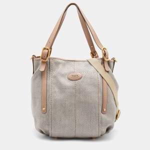 Tod's Grey Woven Fabric and Leather Shoulder Bag