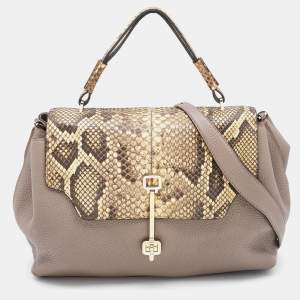 Tod's Grey/Beige Leather and Python Flap Top Handle Bag