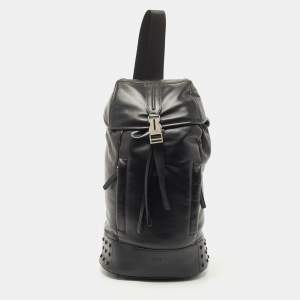 Tod's Black Leather Drawstring Flap Backpack