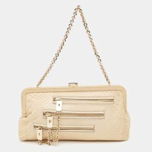 Tod's Cream Python Triple Zip Chain Clutch 