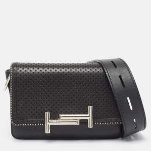 Tod's Black Perforated Leather Double T Crossbody Bag