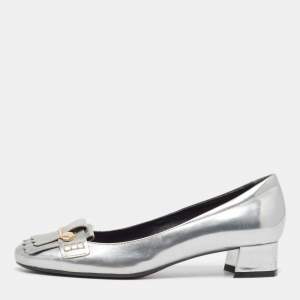 Tod's Silver Leather Fringe Detail Loafer Pumps Size 37.5