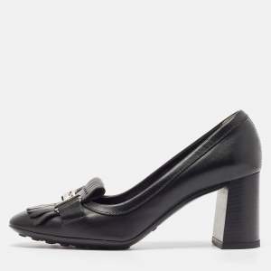 مملوكة مسبقًا Tod's Black Leather Double T Buckle Fringed Loafer Pumps Size 36