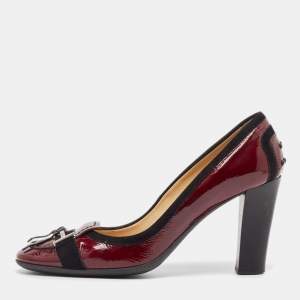 Tod's Burgundy Patent Leather Buckle Detail Loafer Pumps Size 38.5