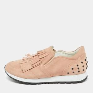 Pre Owned Tod's Peach Suede Fringe Slip On Sneakers Size 37.5