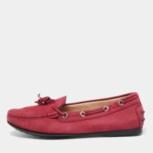 Tod's Berry Pink Nubuck Leather Bow Gommino Driving Loafers Size 37.5