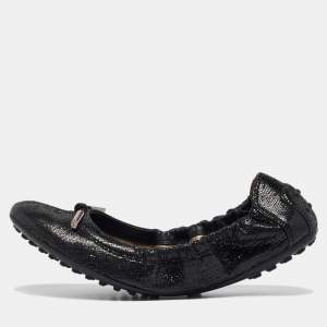 Tod's Metallic Black Textured Suede Scrunch Ballet Flats Size 37.5