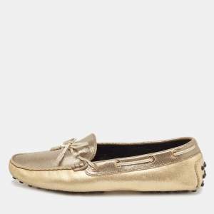 Tod's Grey/Gold Textured Suede Bow Slip On Loafers Size 38