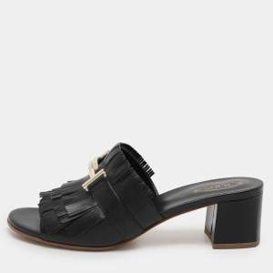 Tod's Black Leather Double T Fringe Slide Sandals Size 39