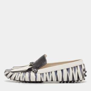 Tod's Navy Blue/White Printed Leather Fringe Slip On Loafers Size 39.5