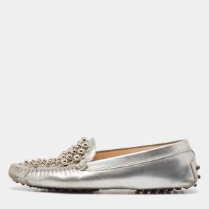 Tod's Silver Leather Studded Gommini Loafers Size 39.5