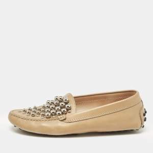 Tod's Beige Leather Studded Slip On Loafers Size 35