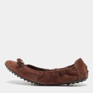 Tod's Dark Brown Suede Scrunch Ballet Flats Size 38
