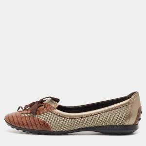 Tod's Brown/Metallic Leather and Mesh  Ballet Flats Size 38.5