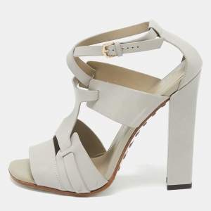 Tod's Grey Leather Cutout Block Heel Ankle Strap Sandals Size 39