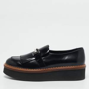 مملوكة مسبقًا Tod's Black Leather Fringe Detail Platform Loafers Size 39.5