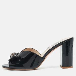Tod's Black Patent Leather Double T Embellished Slide Sandals Size 40