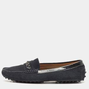 Tod's Dark Blue/Black Patent Leather and Suede Penny Loafers Size 37.5