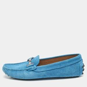 Tod's Blue Suede Double T Logo Slip On Loafers Size 36