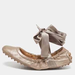 Tod's Metallic Bronze Nubuck Leather Scrunch Ribbon Ballet Flats Size 39