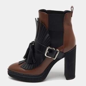 Tod's Brown/Black Leather Tassel Ankle Length Boots Size 37