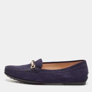 Tod's Navy Blue Suede Gommino T-Bar Slip On Loafers Size 38.5