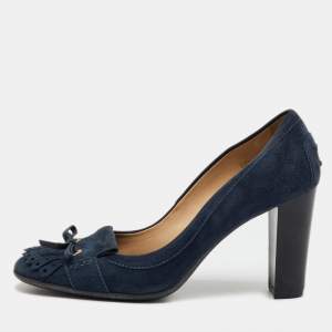 Tod's Navy Blue Suede Tassel Bow Round Toe Pumps Size 39.5