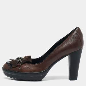 Tod's Brown Leather and Suede Fringe Platform Pumps Size 38.5