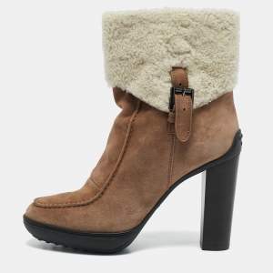 Tod's Brown/Cream Shearling and Suede Ankle Length Boots Size 39