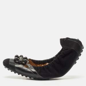 Tod's Black  Suede Scrunch Crystal Embellished Bow Ballet Flats Size 37.5