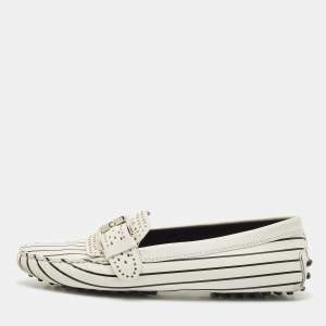Tod's White/Black Stripe Print Leather Studded Buckle Slip On Loafers Size 39.5