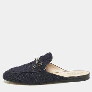 Tod's Navy Blue/Black Tweed and Leather Double T Flat Mules Size 37