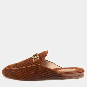 Tod's Brown Corduroy Fabric Chain Detail Flat Mules Size 37.5