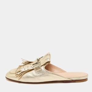 Tod's Gold Metallic Leather Double T Studded Fringe Flat Mules Size 37.5