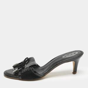 Tod's Black Patent Leather Fringe Bow Slide Sandals Size 38.5