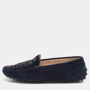 Tod's Navy Blue Suede Studded Slip On Loafers Size 36