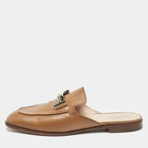 Tod's Brown Leather Double T Flat Mules Size 39