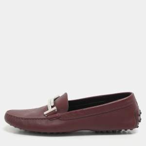 Tod's Burgundy Leather Double T Court Loafers Size 39.5