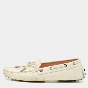 Pre Owned Tod's Cream Lizard Embossed Leather Bow Slip On Loafers Size 37.5