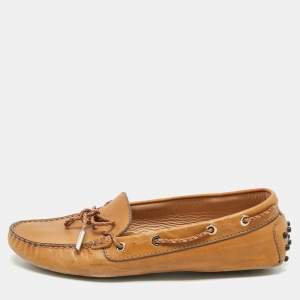 Pre Owned Tod's Brown Leather Gommino Bow Slip On Loafers Size 40