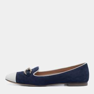 Tod's Navy Blue/White Suede and Leather Chain Cap Toe Ballet Flats Size 39