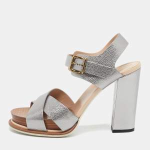 Tod's Silver Leather Ankle Strap Platform Sandals Size 40