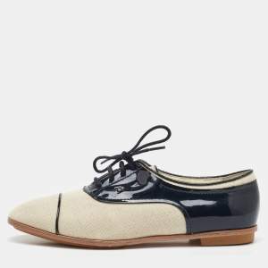 Tod’s Beige/Navy Blue Canvas and Patent Leather Lace Up Oxford Size 38