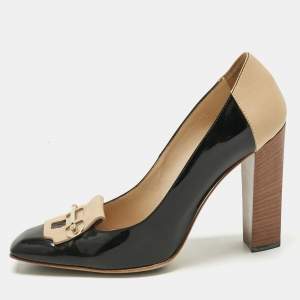 Pre Owned Tod's Black/Beige Patent Leather and Leather Block Heel Square Toe Pumps Size 39