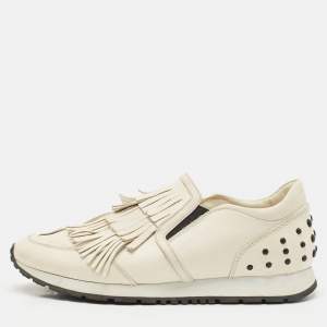 Pre Owned Tod's Cream Leather Fringe Slip On Sneakers Size 38.5