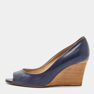 Pre Owned Tod's Blue Leather Wedge Pumps Size 38