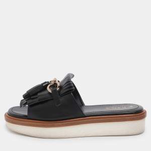 Pre Owned Tod's Black Leather Tassel Fringe Detail Platform Slide Sandals Size 38
