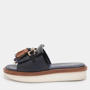 Pre Owned Tod's Navy Blue Leather Tassel Fringe Detail Platform Slide Sandals Size 36